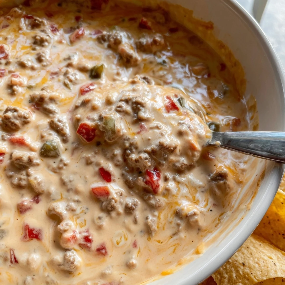 Creamy Crockpot Rotel Dip Recipe bubbling with melted cheese and zesty tomatoes in a slow cooker