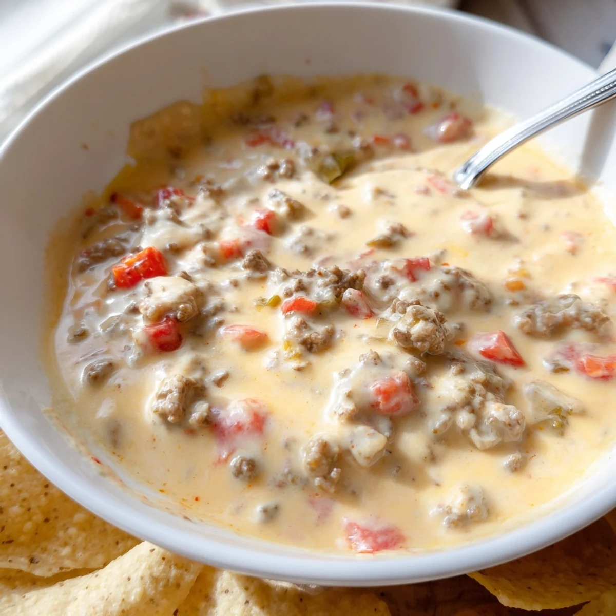 Warm bowl of Creamy Crockpot Rotel Dip Recipe served alongside crispy tortilla chips for game day