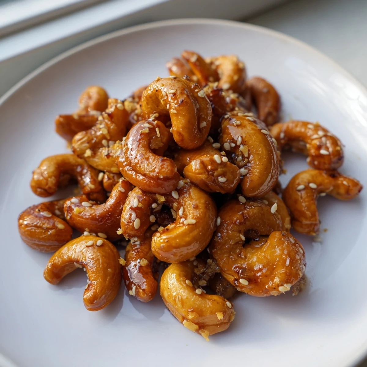Golden honey sesame cashews glistening with a warm, sticky glaze on parchment paper.