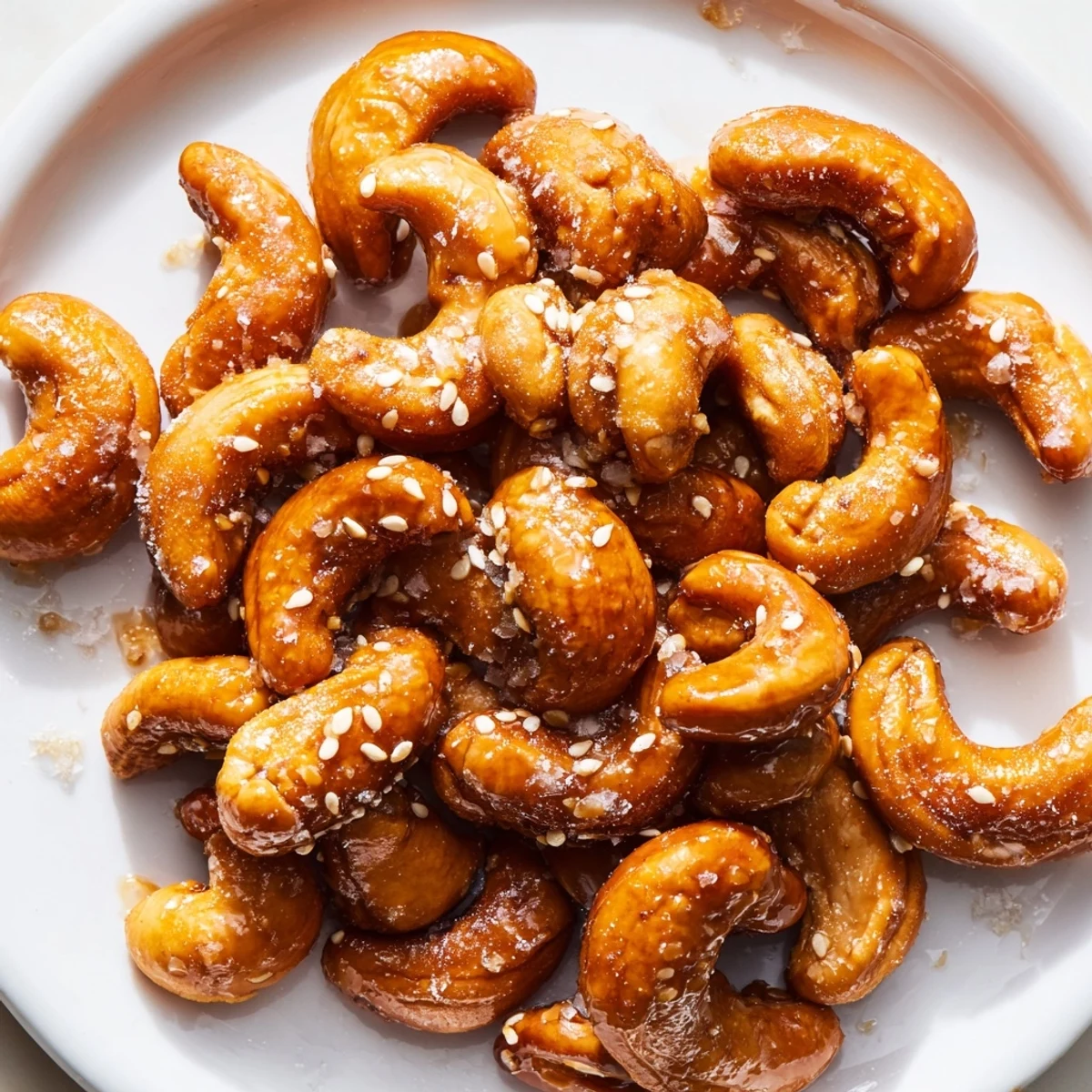 Crunchy honey sesame cashews scattered with toasted seeds in a rustic bowl.