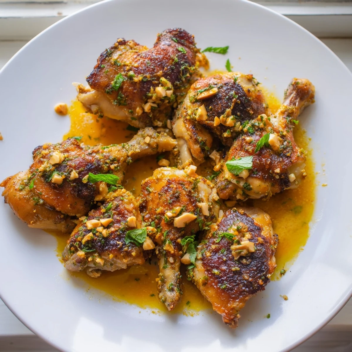 Tender Cuban Mojo Chicken Thighs garnished with fresh cilantro and lime wedges