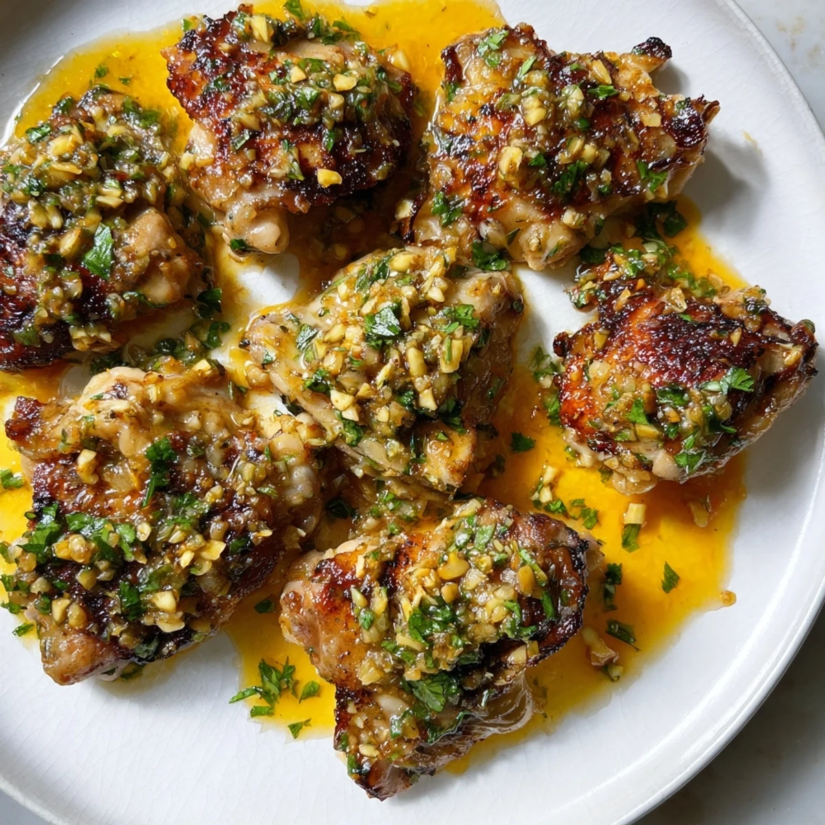 Juicy roasted Cuban Mojo Chicken Thighs with caramelized skin on a sheet pan