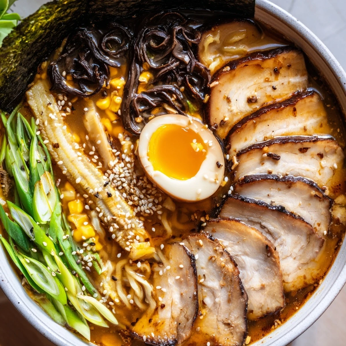 Steaming bowl of homemade ramen with sliced pork, soft-boiled egg, and fresh scallions