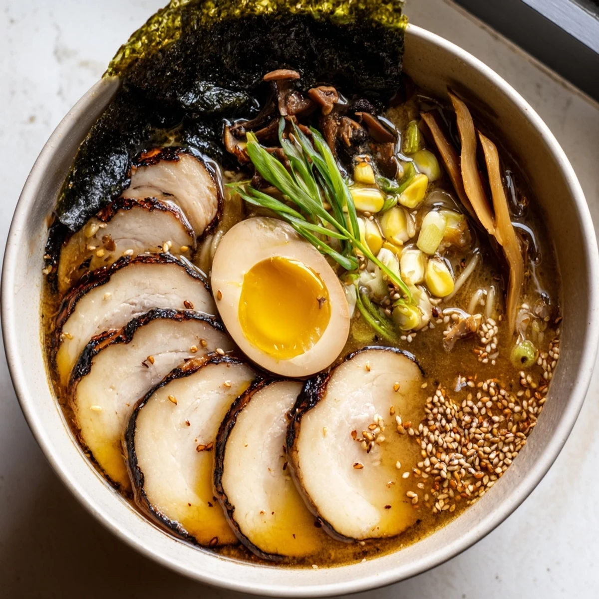 Rich ramen noodles swimming in savory miso broth topped with shiitake mushrooms and nori