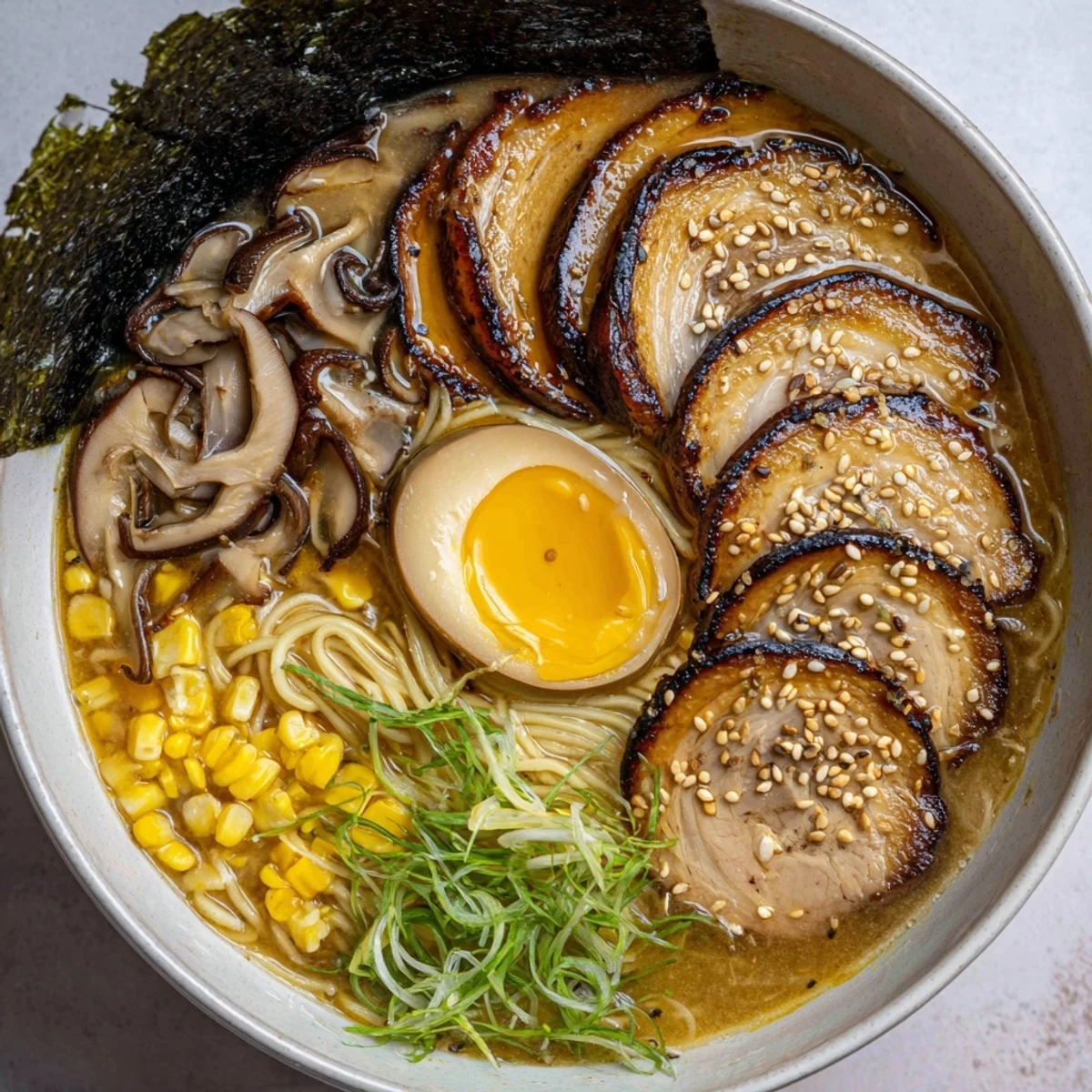 Close-up of ramen garnished with halved soft-boiled egg, sesame seeds, and tender sliced pork belly