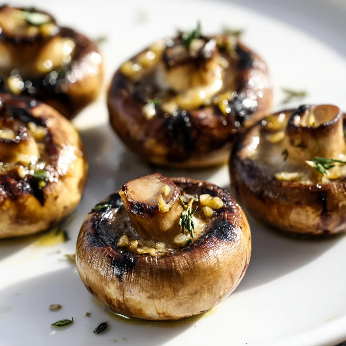 Juicy grilled garlic butter mushrooms with charred edges on a dark platter