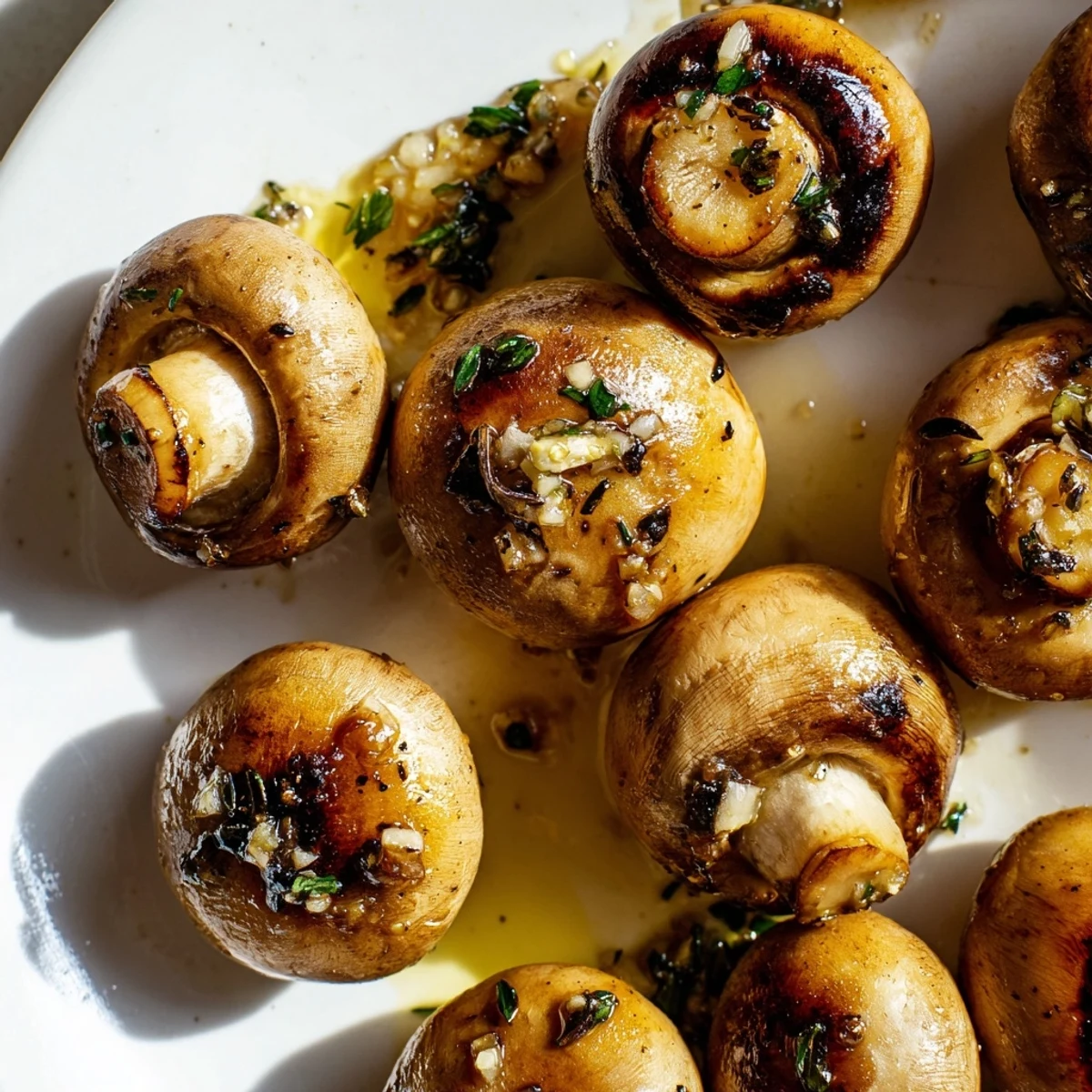 Steakhouse style garlic butter grilled mushrooms glistening with fresh herbs