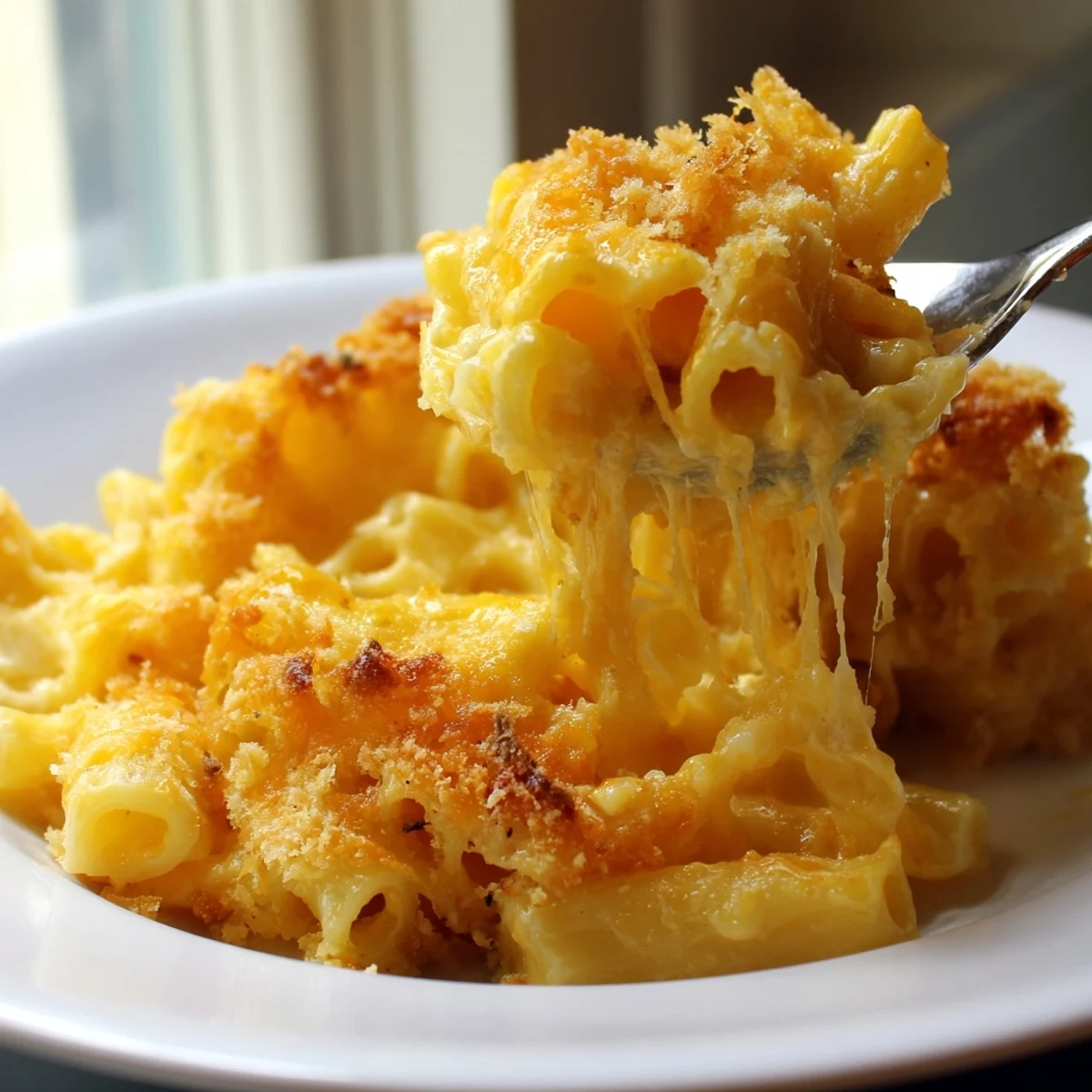 Creamy macaroni cheese with golden breadcrumb topping served in a baking dish