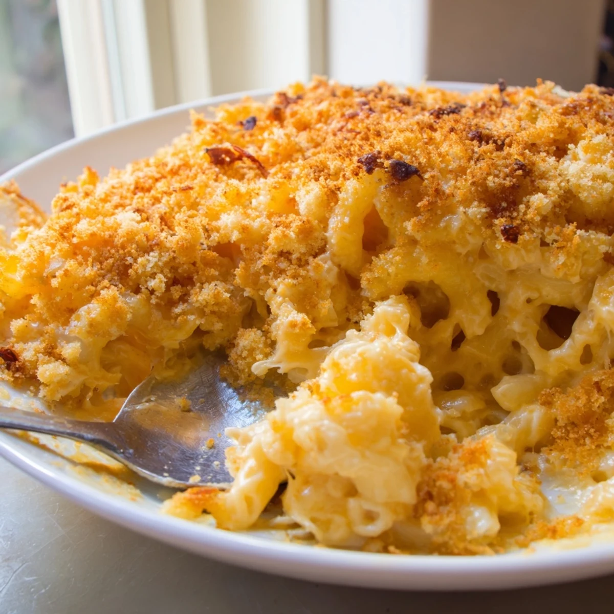 Bubbling macaroni cheese pulled straight from the oven with melted cheddar