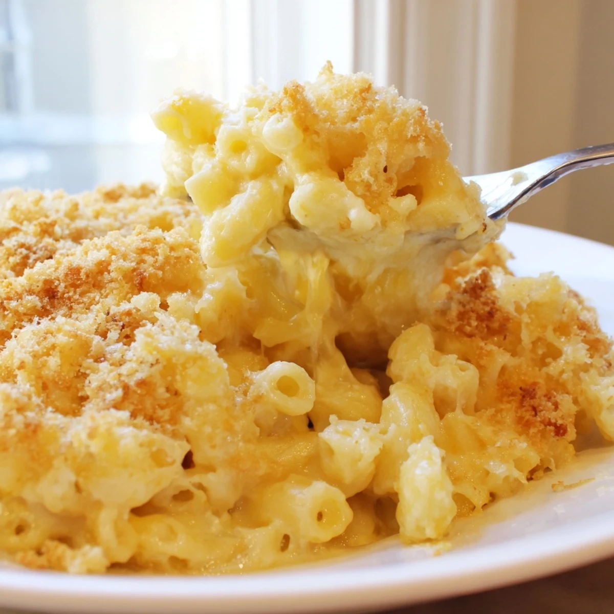 Rich and creamy macaroni cheese scooped onto a plate with stretchy cheese pulls