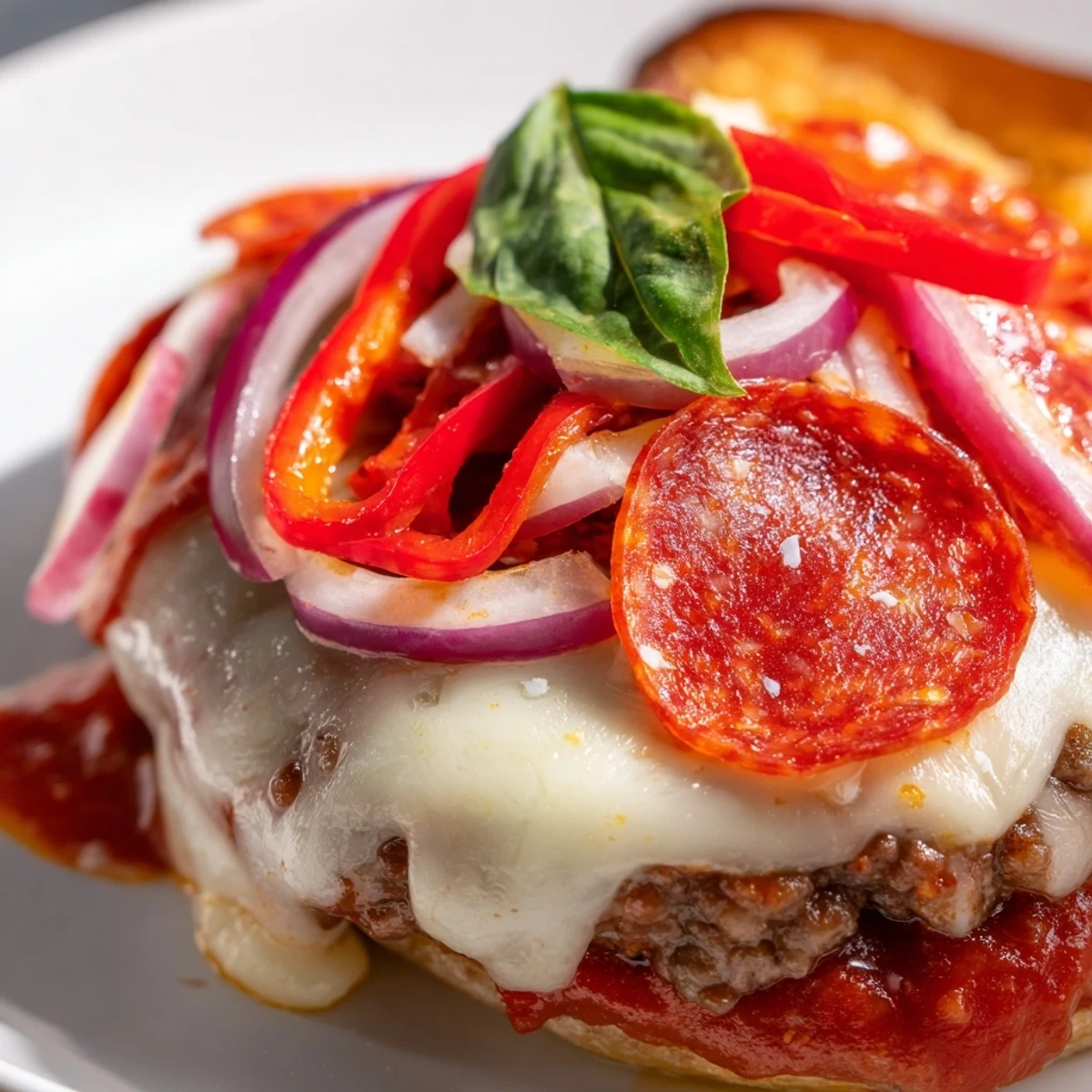 Juicy pizza burgers topped with melted mozzarella, pepperoni, and colorful bell peppers on toasted buns