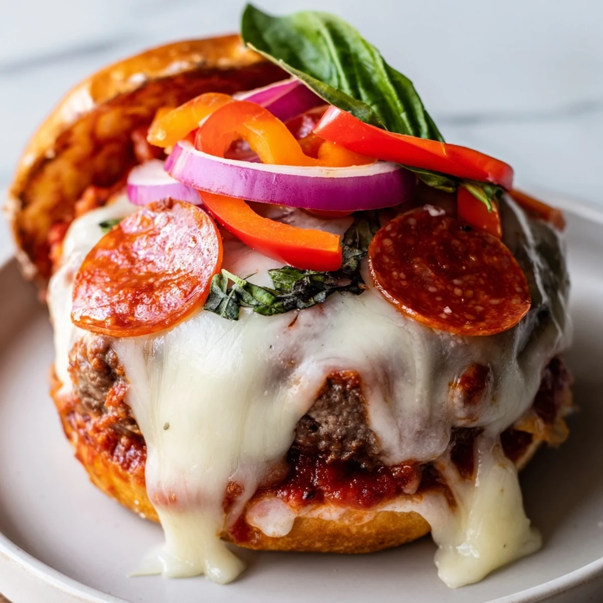 Sizzling pizza burgers with bubbling cheese and rich marinara sauce served on a checkered platter