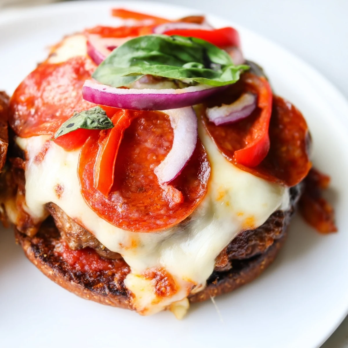 Golden-crusted pizza burgers loaded with pepperoni, melted mozzarella, and fresh basil for a satisfying weeknight dinner