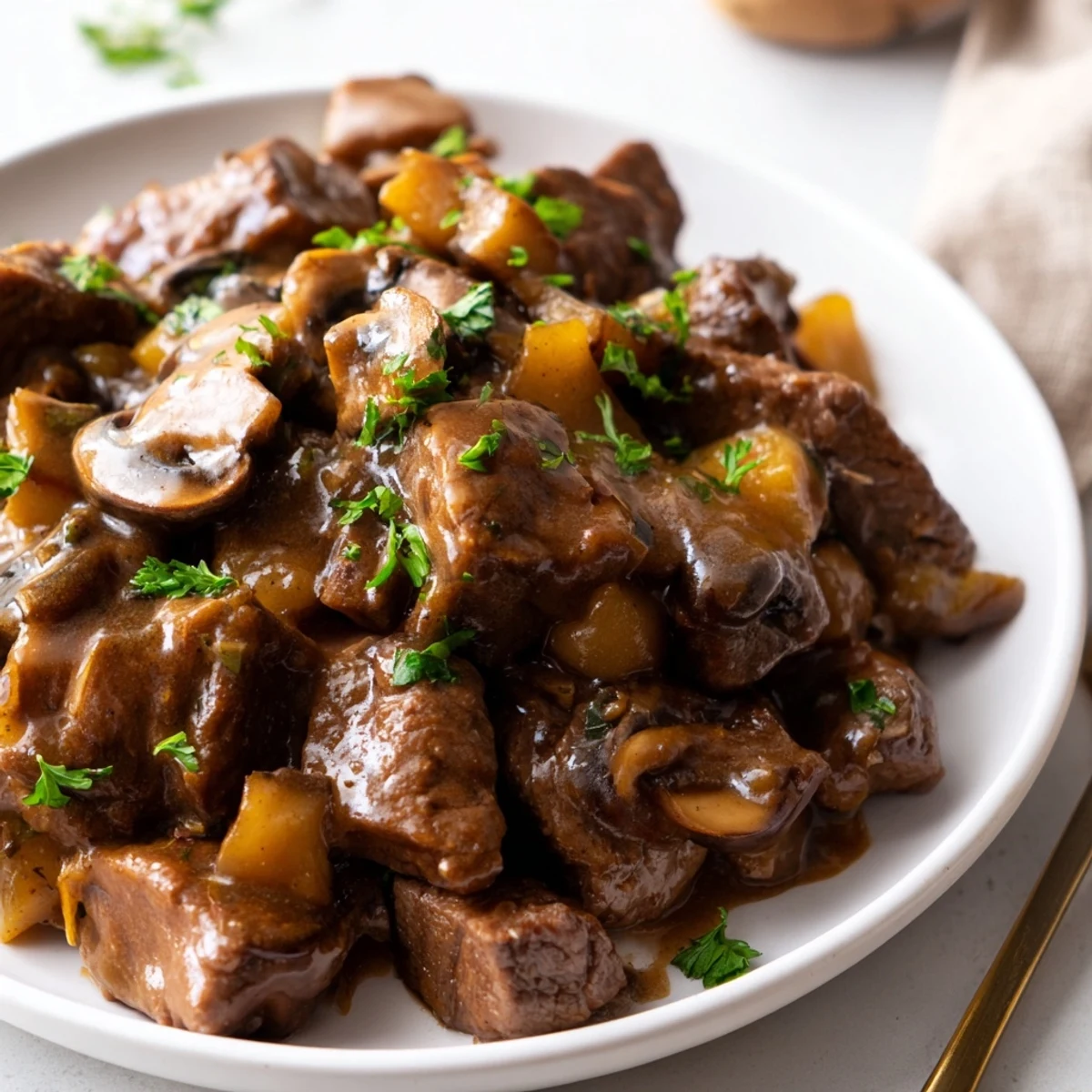 Tender weeknight steak tips and gravy smothered over creamy mashed potatoes