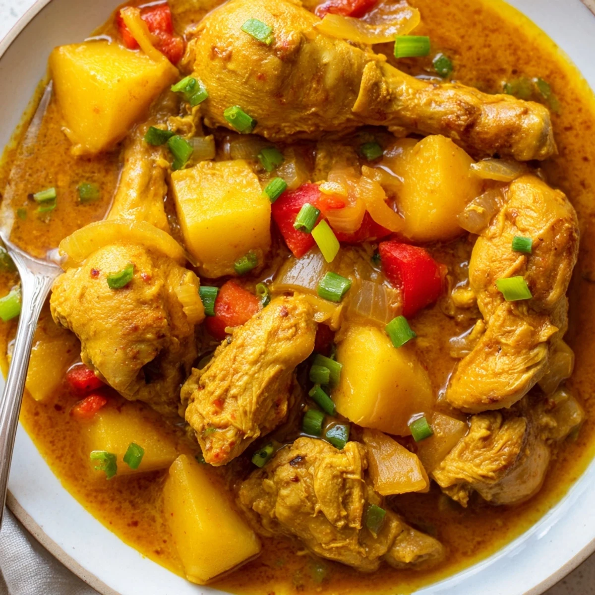 Authentic Jamaican Curry Chicken simmering in a rich golden sauce with tender potatoes and fresh herbs