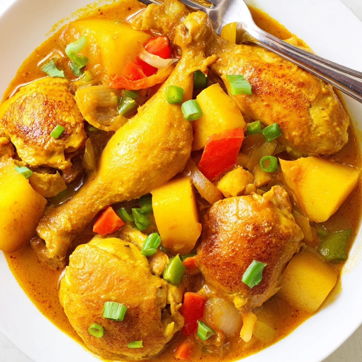 Warm bowl of Authentic Jamaican Curry Chicken served over fluffy white rice with scallion garnish