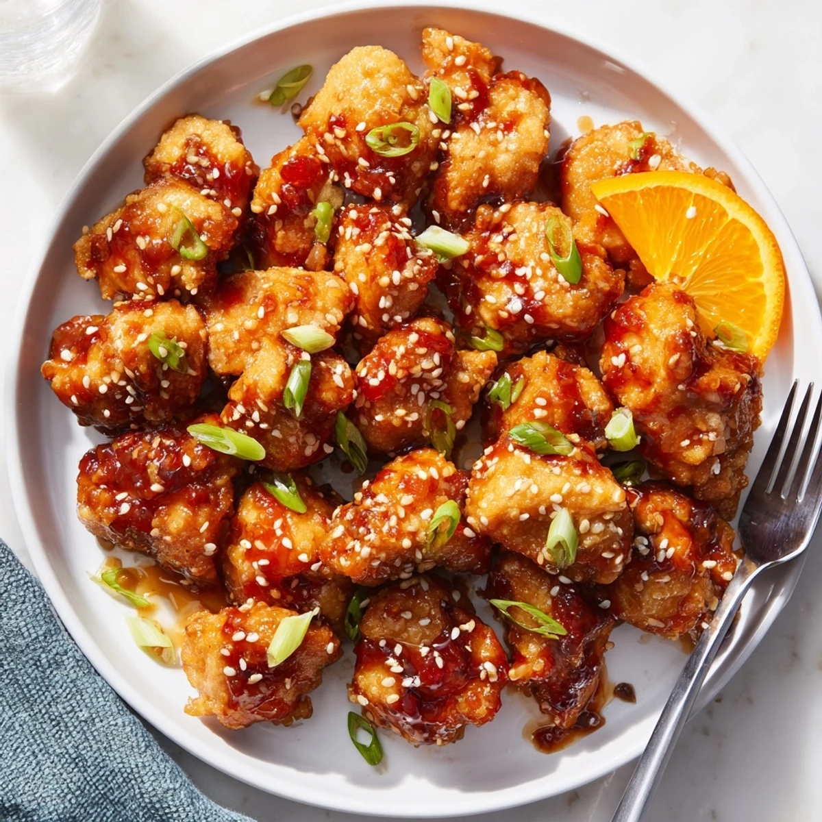 Glossy baked orange chicken glazed in sticky citrus sauce over white rice
