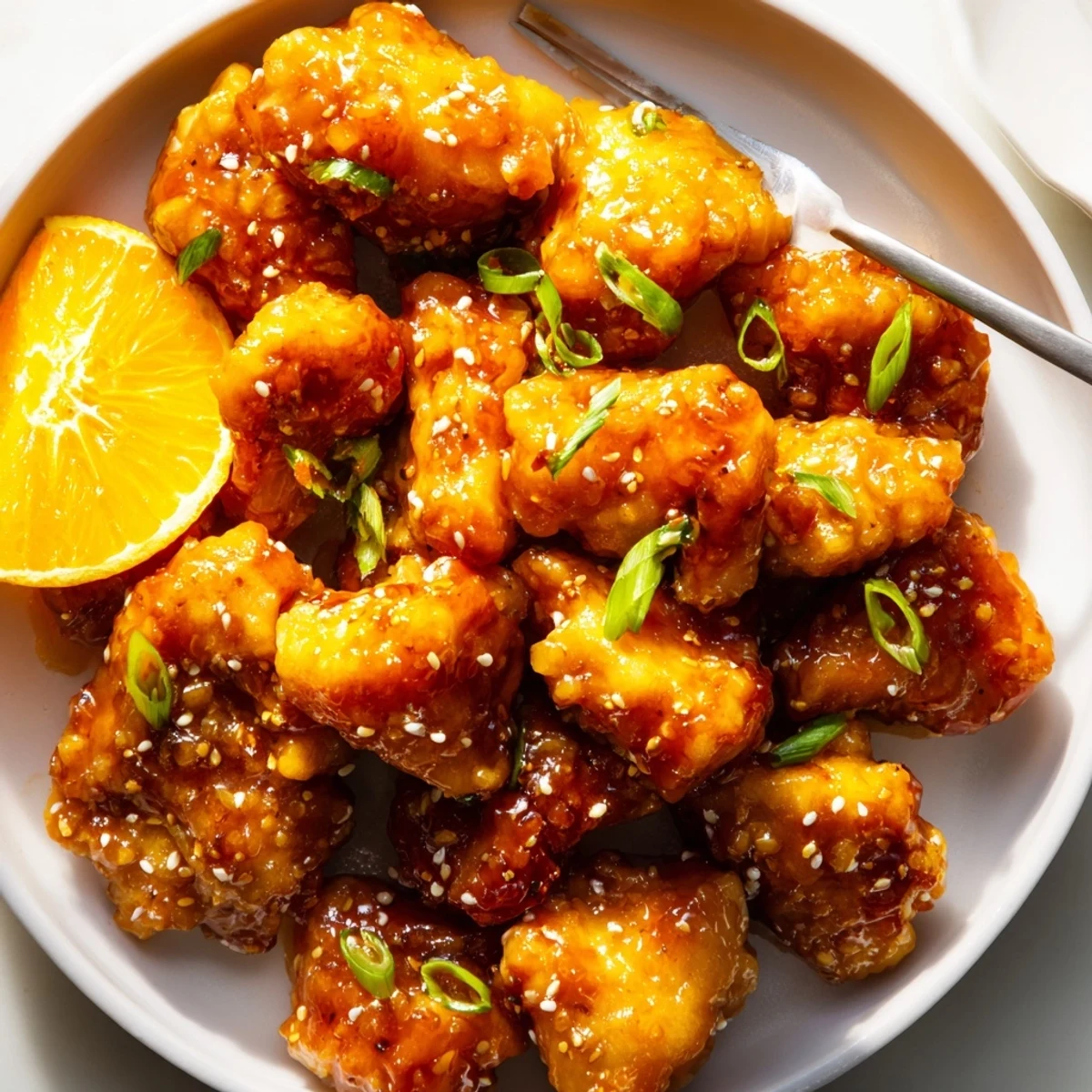 Golden baked orange chicken pieces caramelized with tangy orange zest and sesame seeds