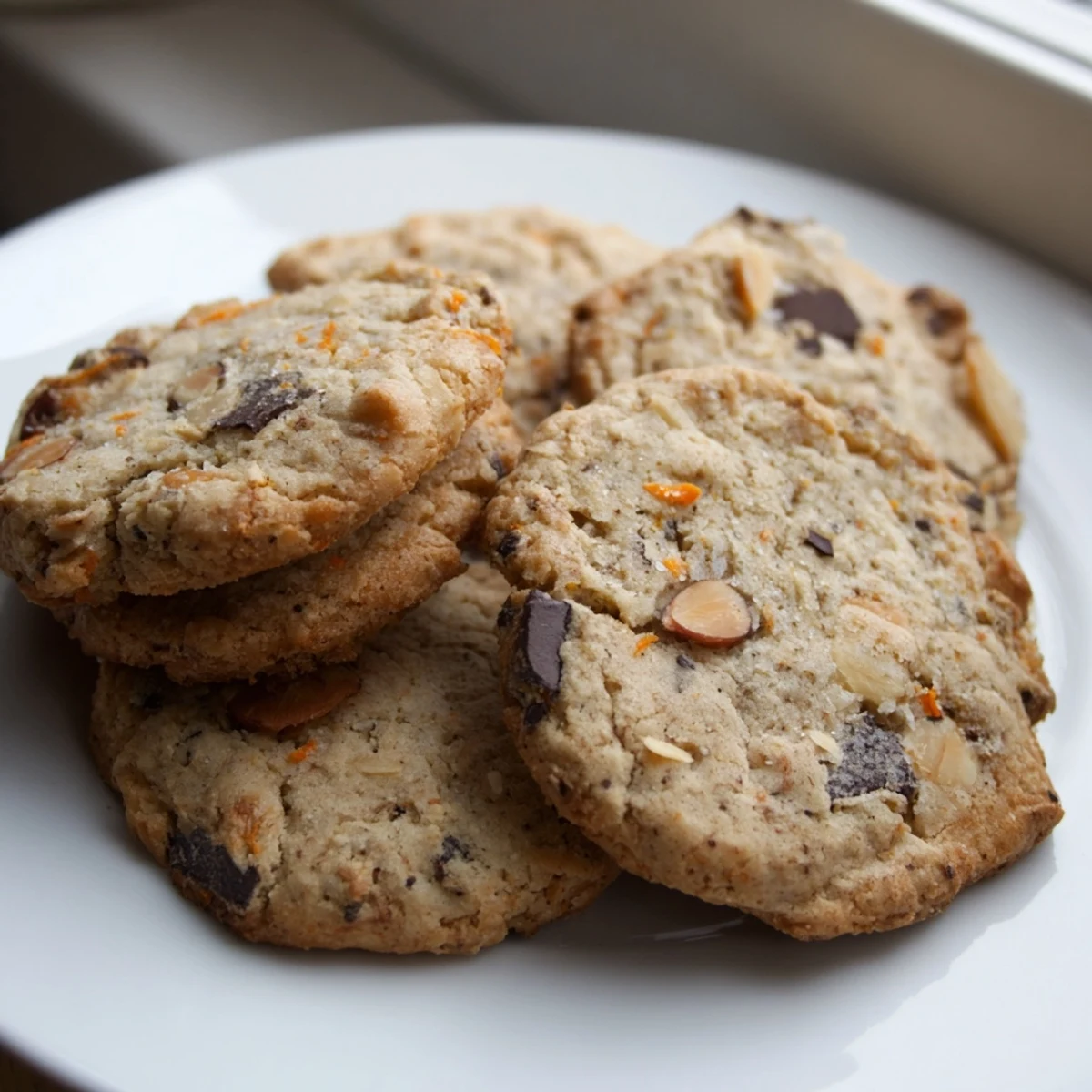 Warm orange almond chocolate chunk cookies fresh from the oven with golden edges