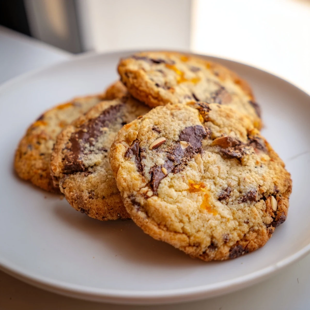 Chewy orange almond chocolate chunk cookies studded with dark chocolate and roasted nuts