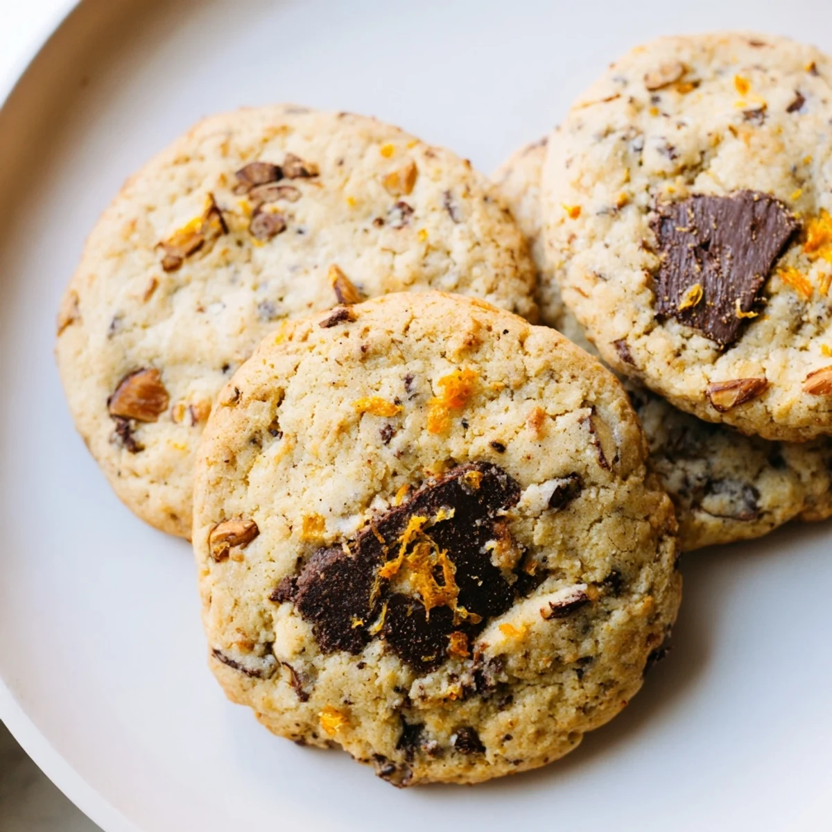 Rustic plate of orange almond chocolate chunk cookies dusted with zest alongside coffee