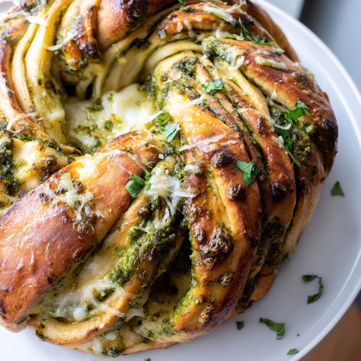 Golden cheesy braided pesto bread with bubbling mozzarella and fresh basil leaves