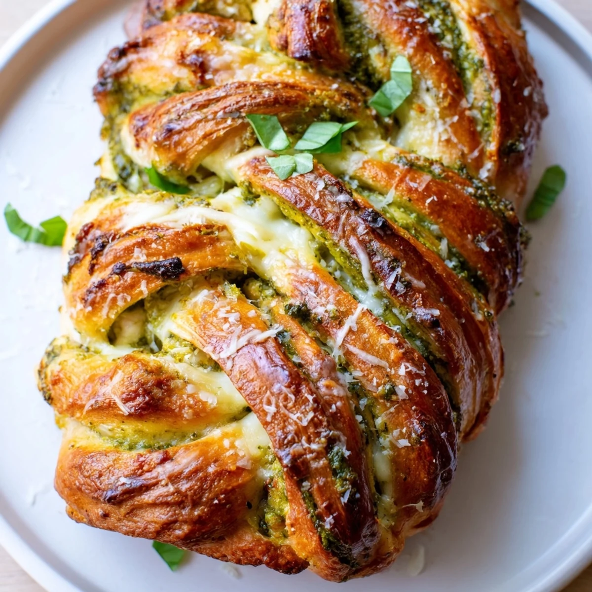 Crusty cheesy braided pesto bread twisted beautifully on a rustic wooden cutting board