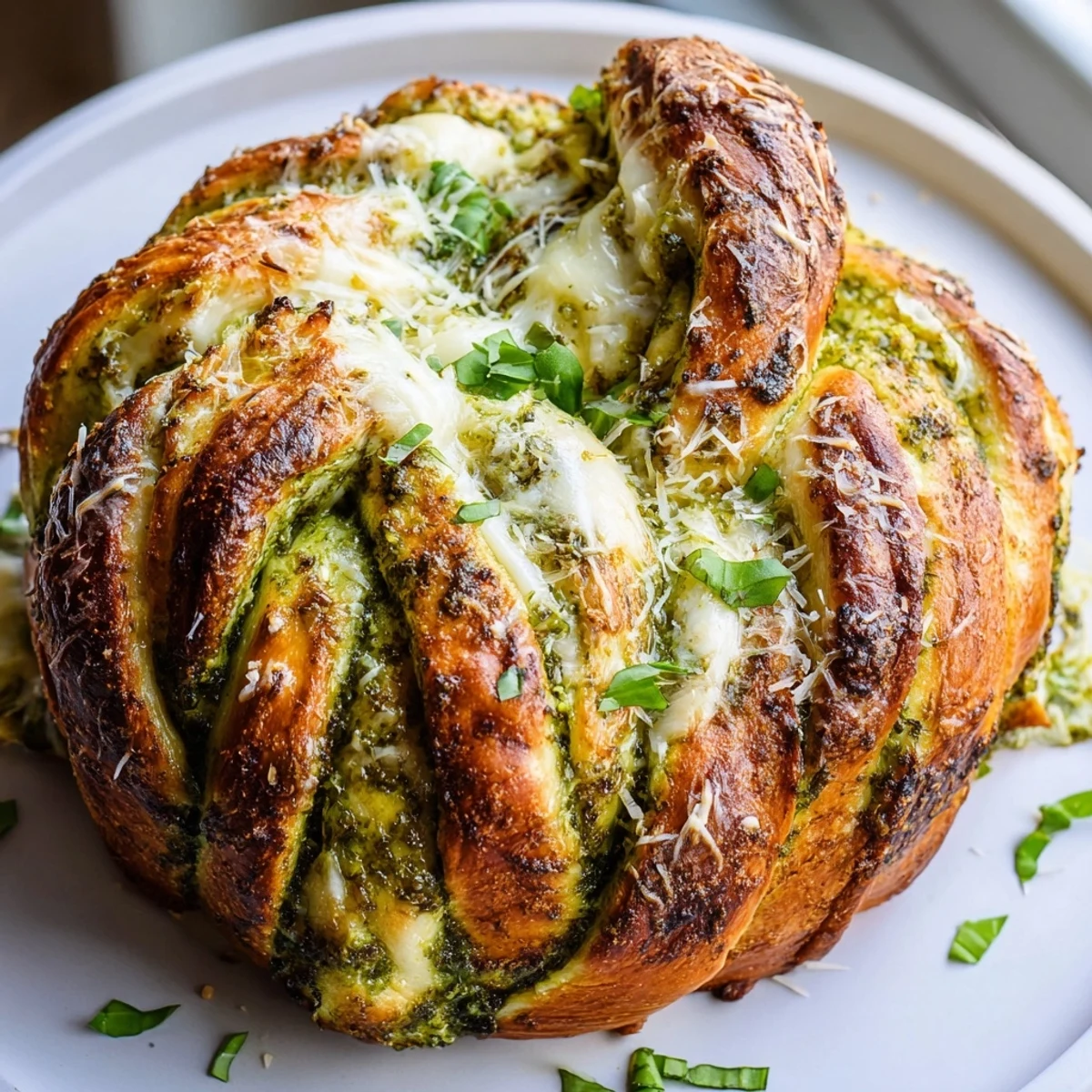 Warm slice of cheesy braided pesto bread stretching with melted mozzarella cheese