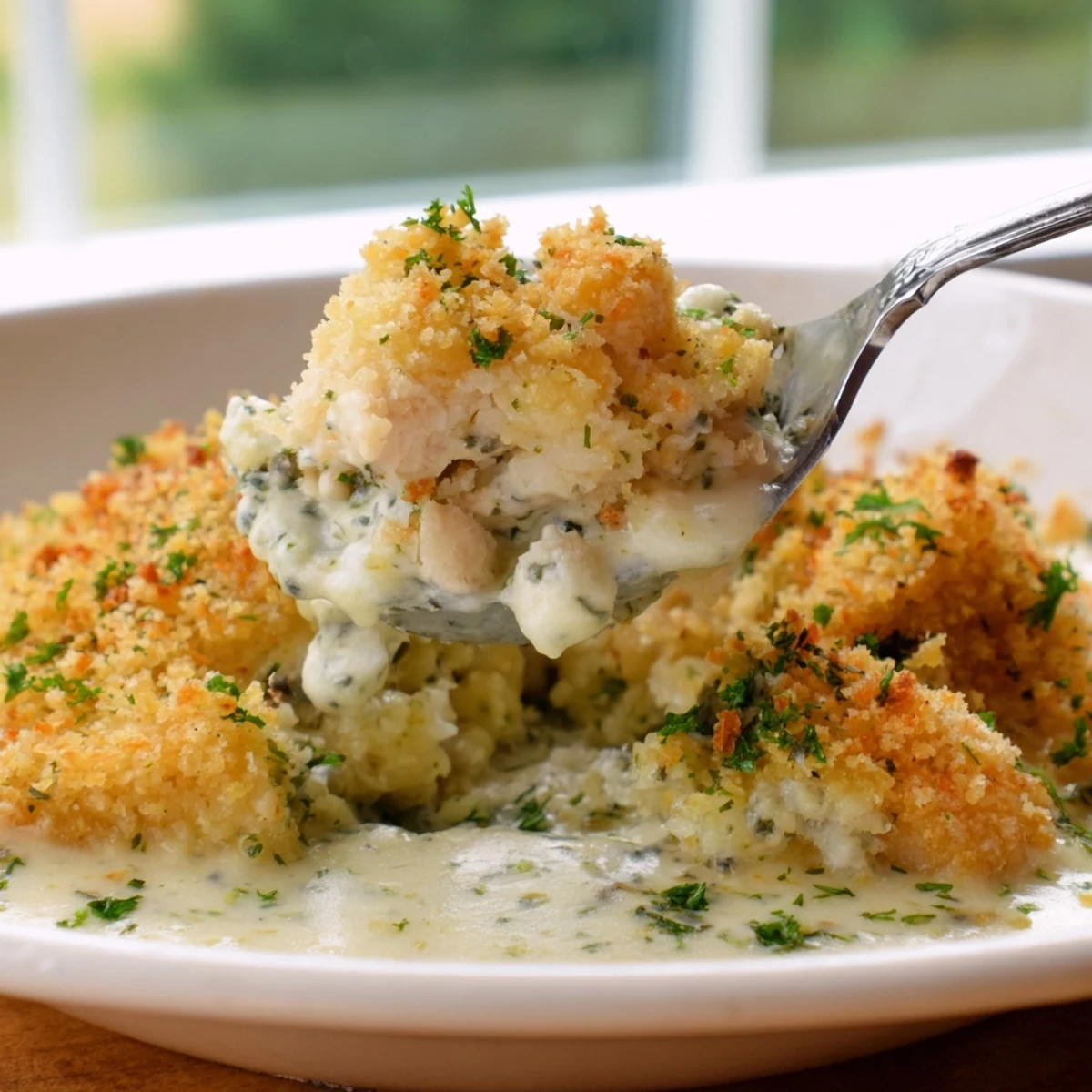 Golden crispy breadcrumb topping on a bubbling Chicken Kiev Casserole fresh from the oven.