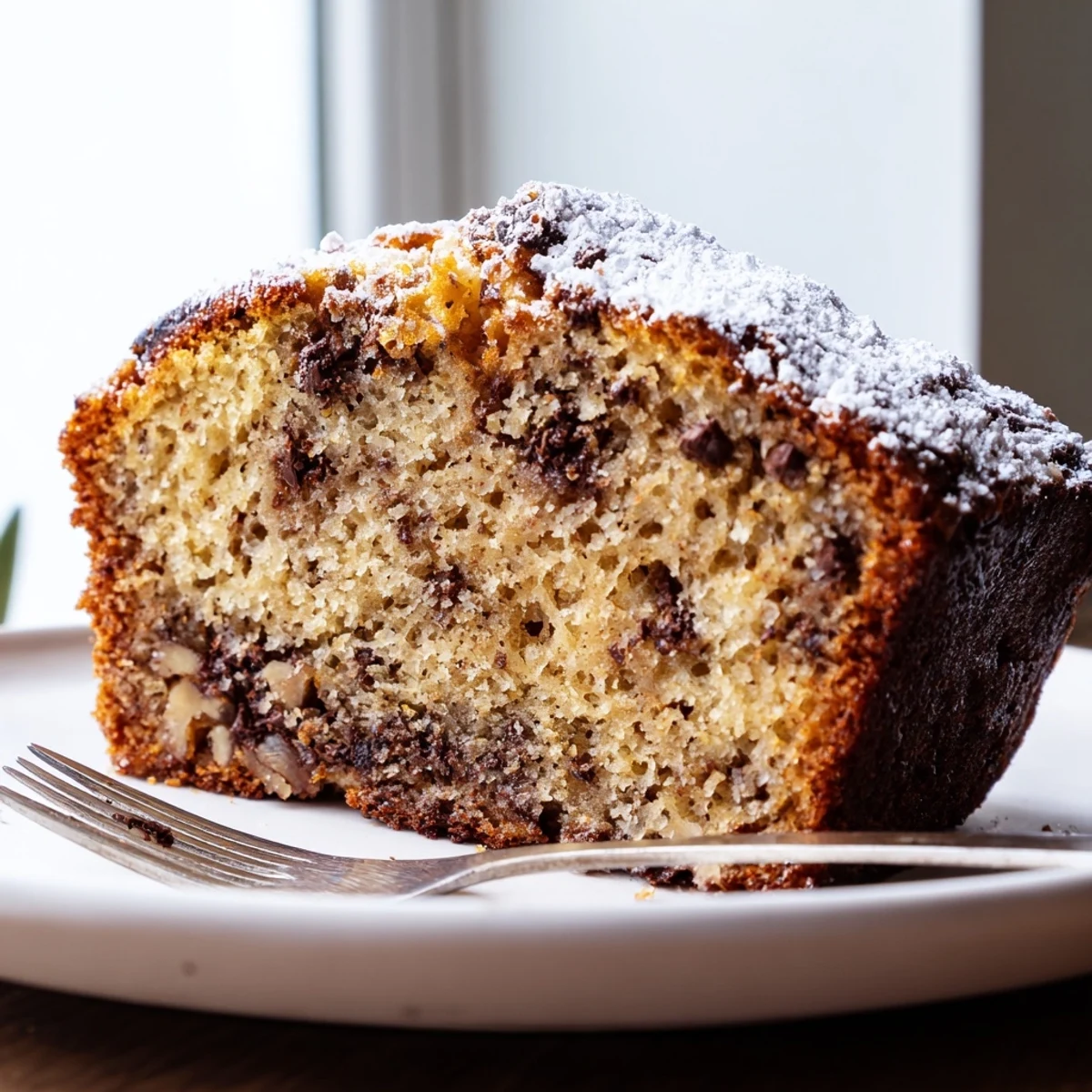 A golden slice of moist banana cake topped with creamy cream cheese frosting