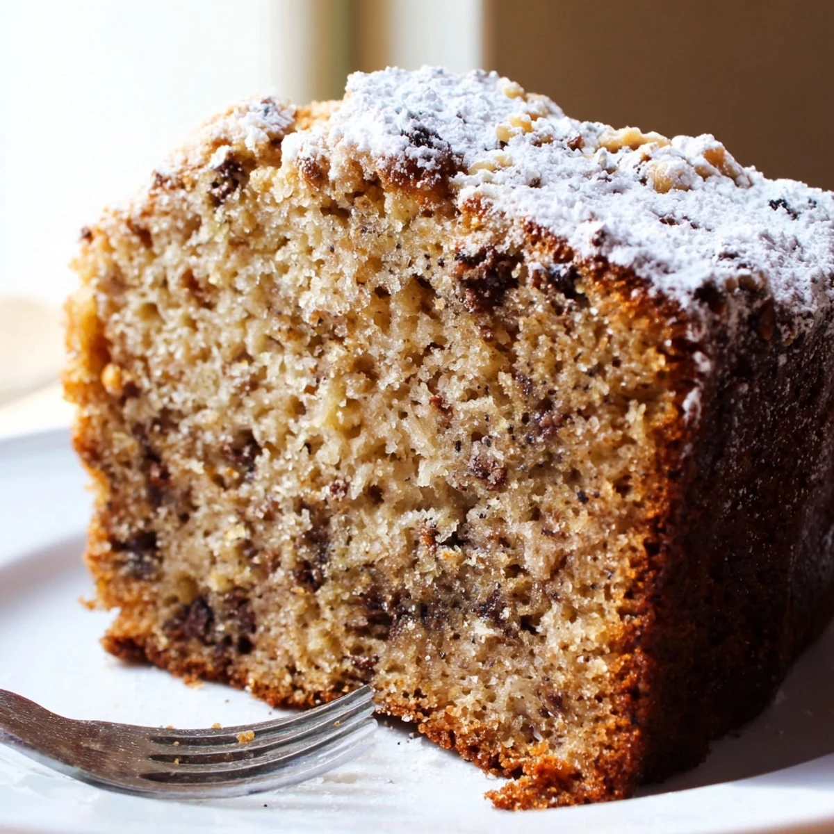 Warm banana cake fresh from the oven with a crackled golden crust