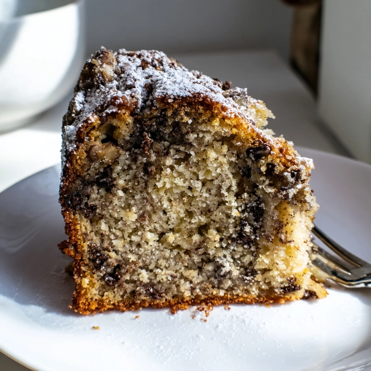 Tender banana cake served on a rustic plate beside a steaming cup of tea