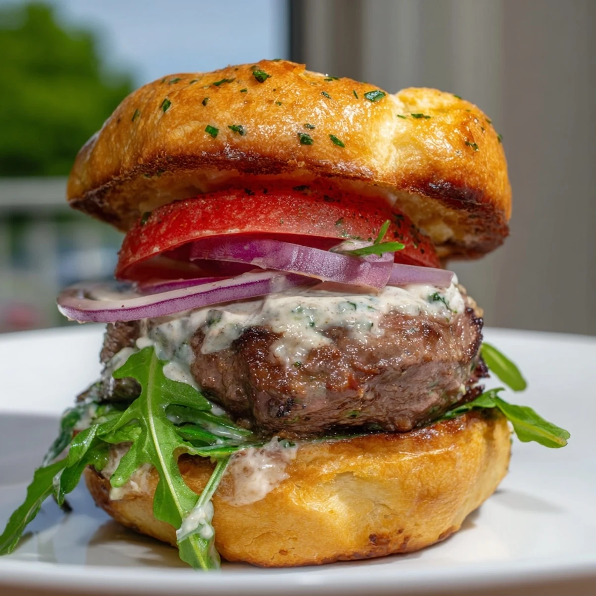 Juicy filet mignon sliders on golden garlic parmesan rolls stacked with fresh arugula and tomato