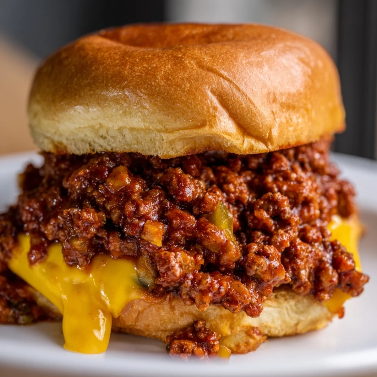 Juicy Smash Burger Sloppy Joes piled high on a golden toasted bun with melted cheddar cheese