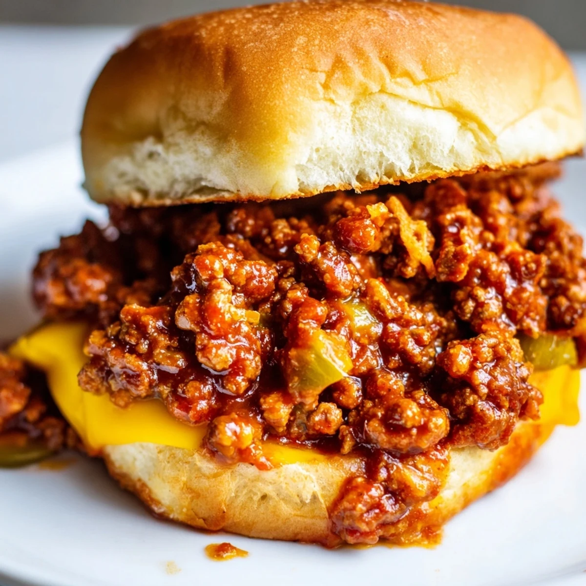 Smash Burger Sloppy Joes simmering in tangy ketchup mustard sauce with pickles and melted American cheese