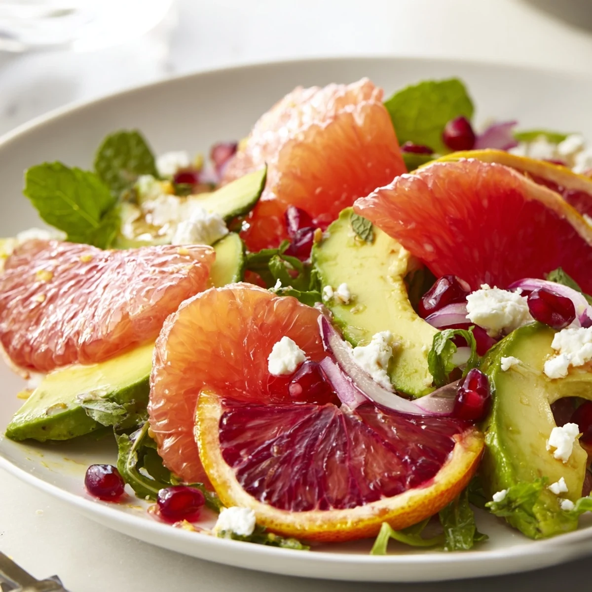 Bright citrus salad with pomegranate seeds, creamy avocado, and crumbled feta on a platter