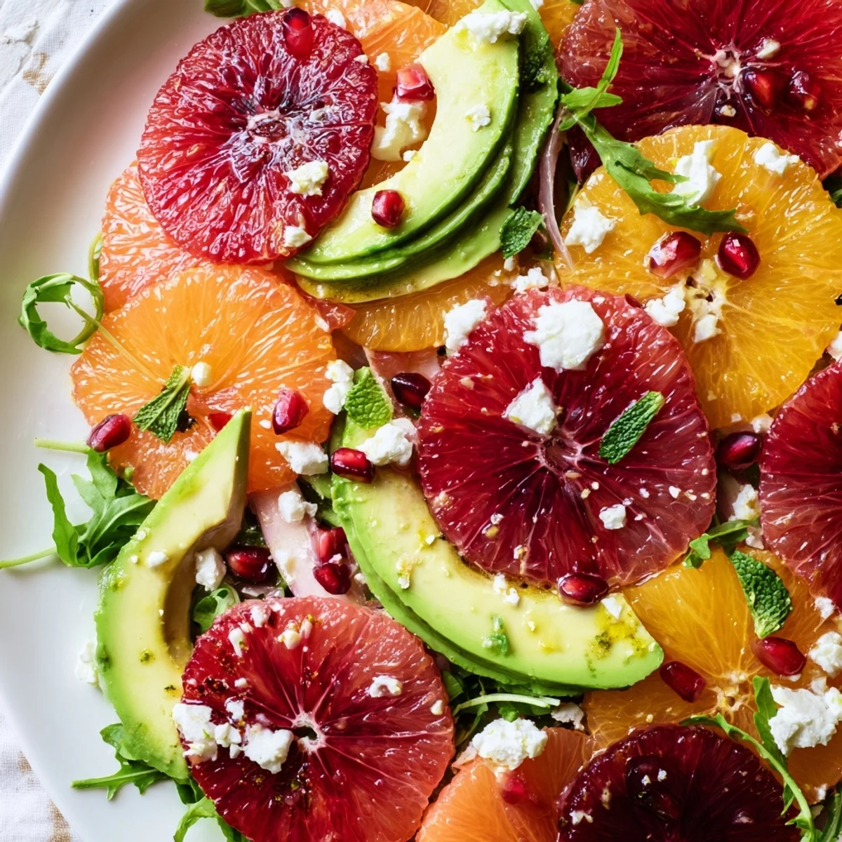 Juicy orange and grapefruit slices topped with avocado, feta, and ruby pomegranate arils