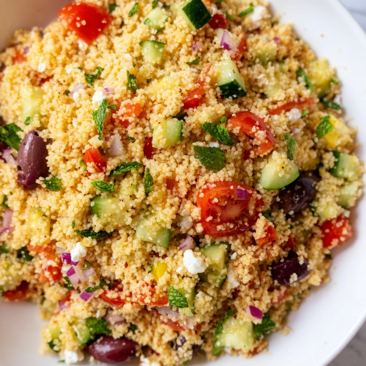 Colorful Mediterranean couscous salad topped with crumbled feta and a glossy citrus dressing