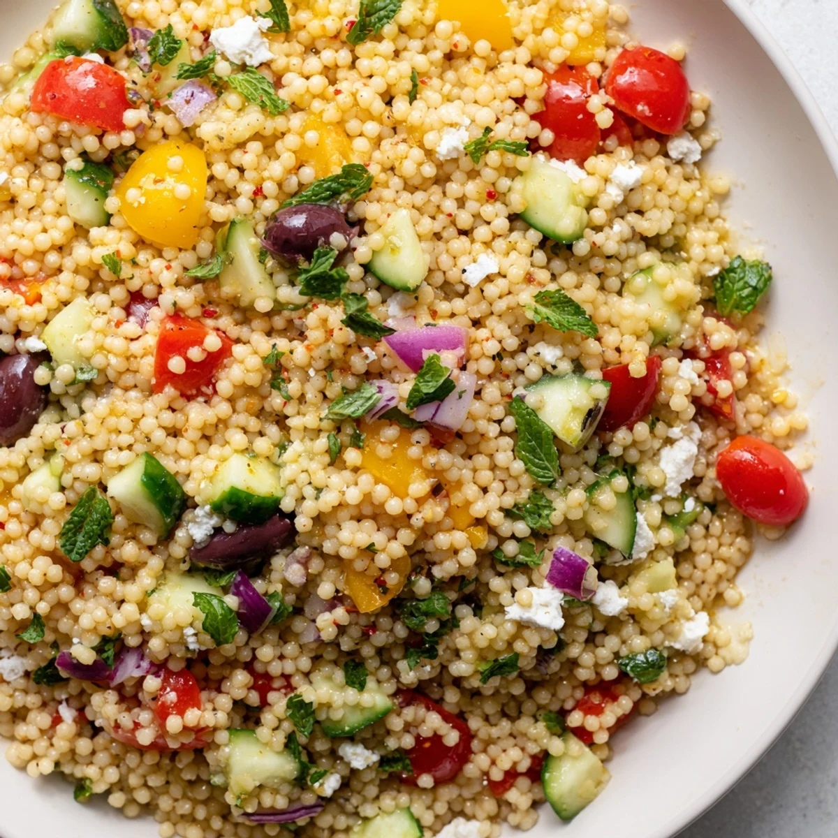 Golden couscous tossed with fresh Mediterranean vegetables and drizzled with hot honey lemon vinaigrette