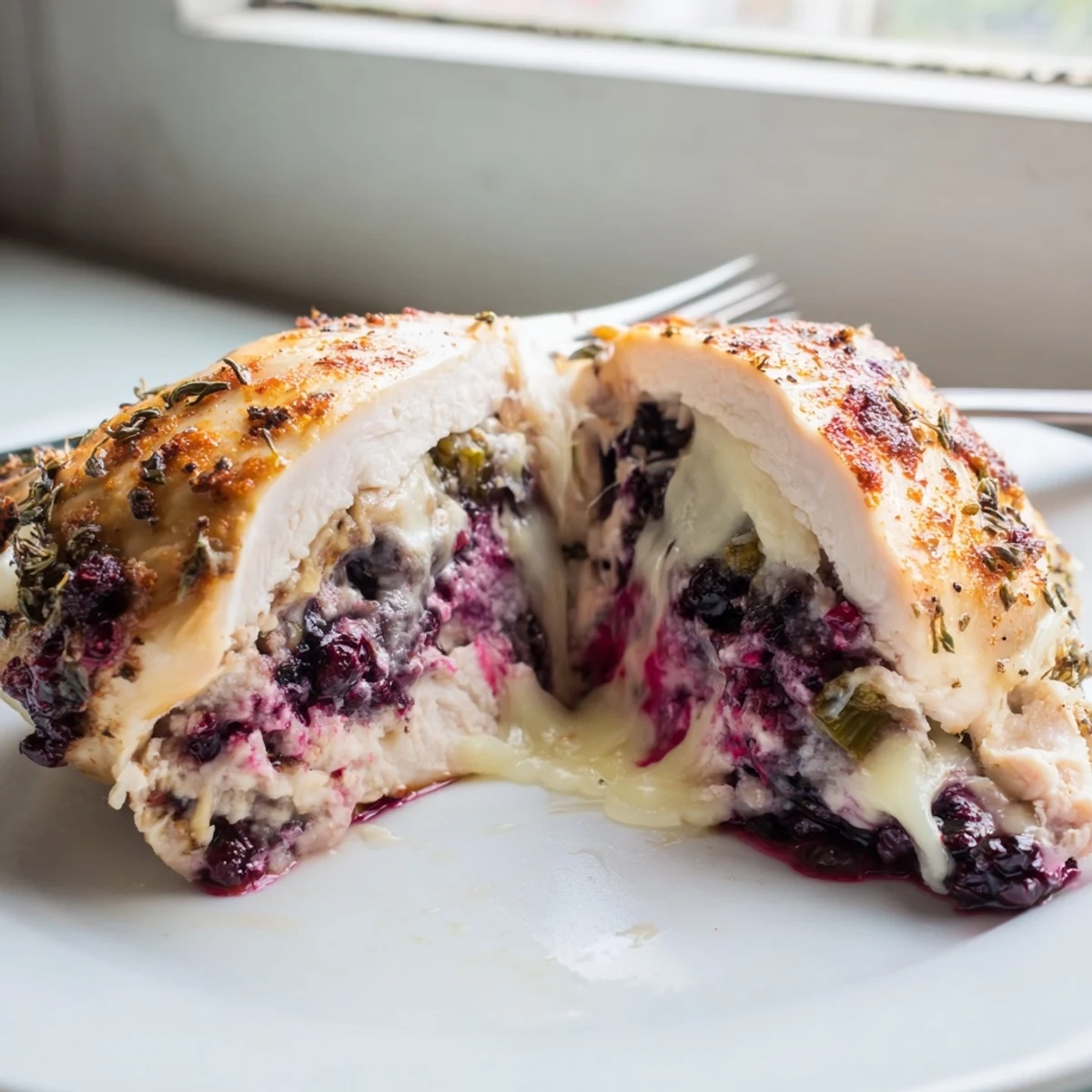 Juicy Blackberry Jalapeno Stuffed Chicken fresh from oven with bubbling melted cheese filling