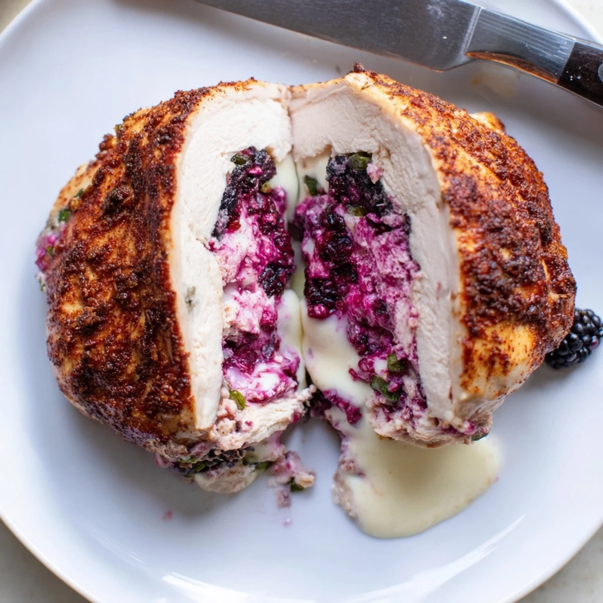 Golden crusted Blackberry Jalapeno Stuffed Chicken sliced open revealing creamy purple berry filling