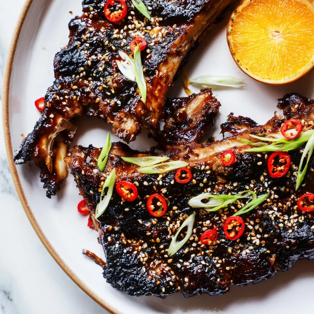 Juicy Korean BBQ lamb ribs with caramelized glaze and bright yuzu citrus on a rustic plate
