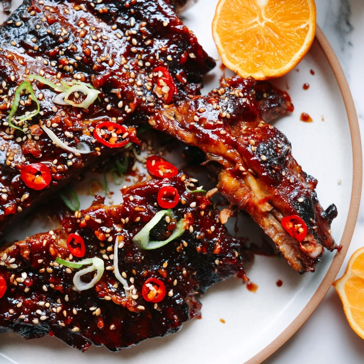 Crispy charred lamb ribs coated in sticky Korean BBQ sauce topped with fresh yuzu slices