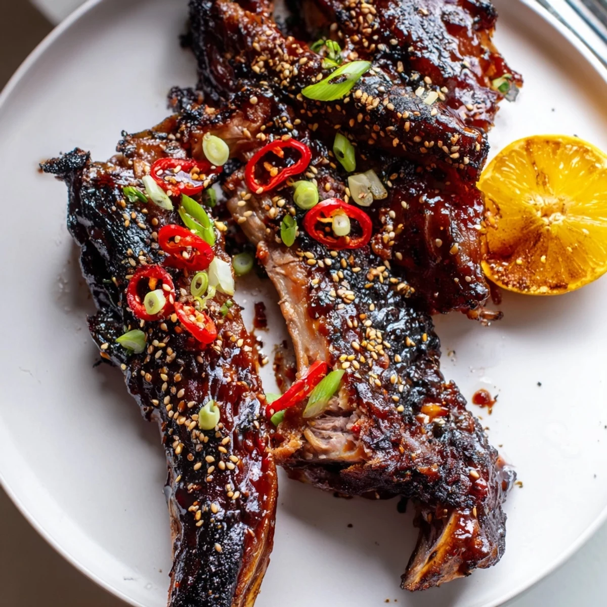 Tender grilled Korean BBQ lamb ribs glistening with gochujang glaze and sprinkled sesame seeds