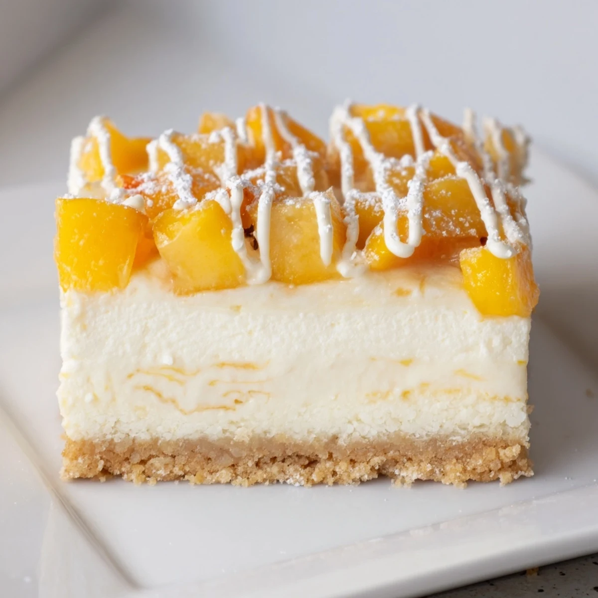 Creamy peaches and cream cheesecake bars with golden graham crust cut into squares