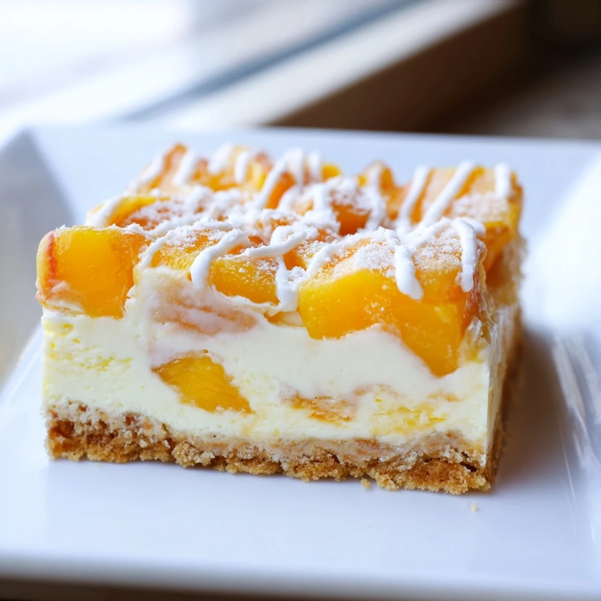 Peaches and cream cheesecake bars topped with juicy peach chunks and cream drizzle