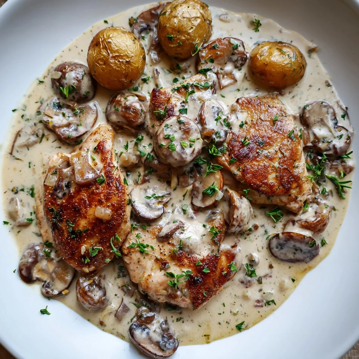 Creamy mushroom chicken smothered in rich sauce with golden herb-roasted potatoes on a rustic plate