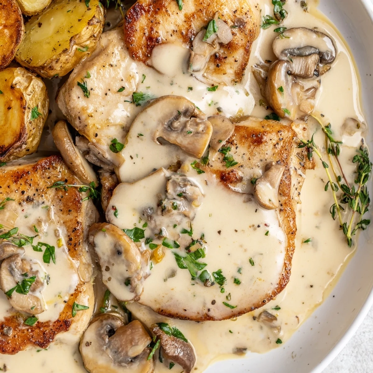 Pan-seared creamy mushroom chicken nestled in a velvety garlic herb sauce with crispy potatoes