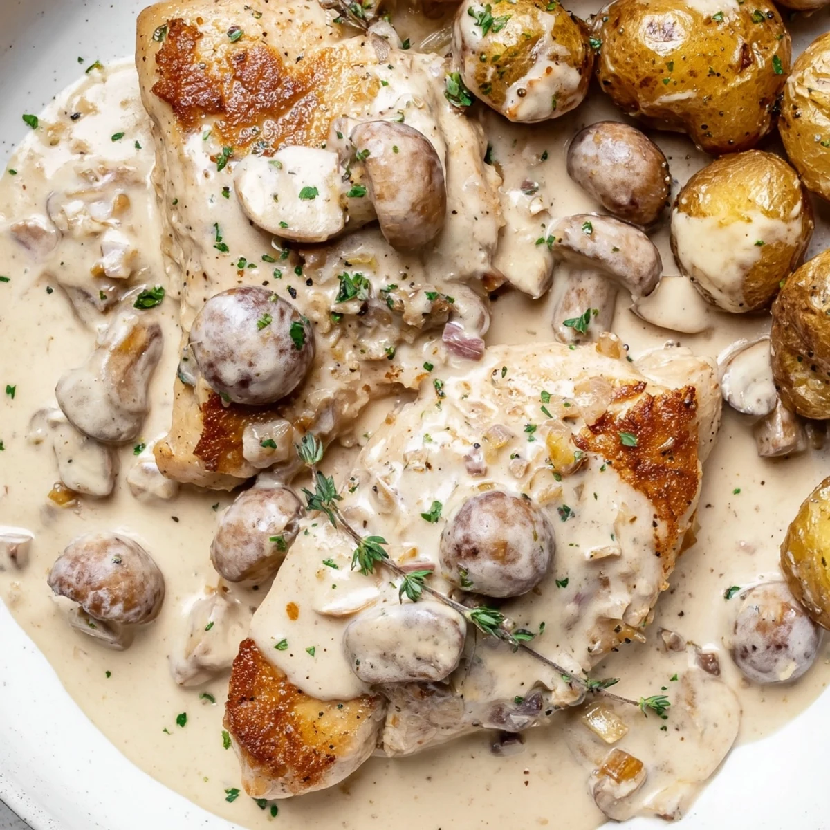 Tender creamy mushroom chicken topped with fresh parsley alongside crunchy rosemary roasted baby potatoes
