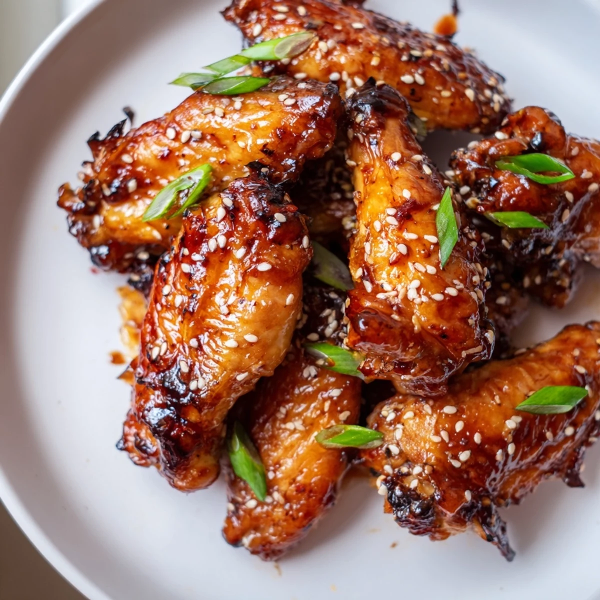 Glossy miso honey marinated chicken wings fresh from the oven with sesame garnish